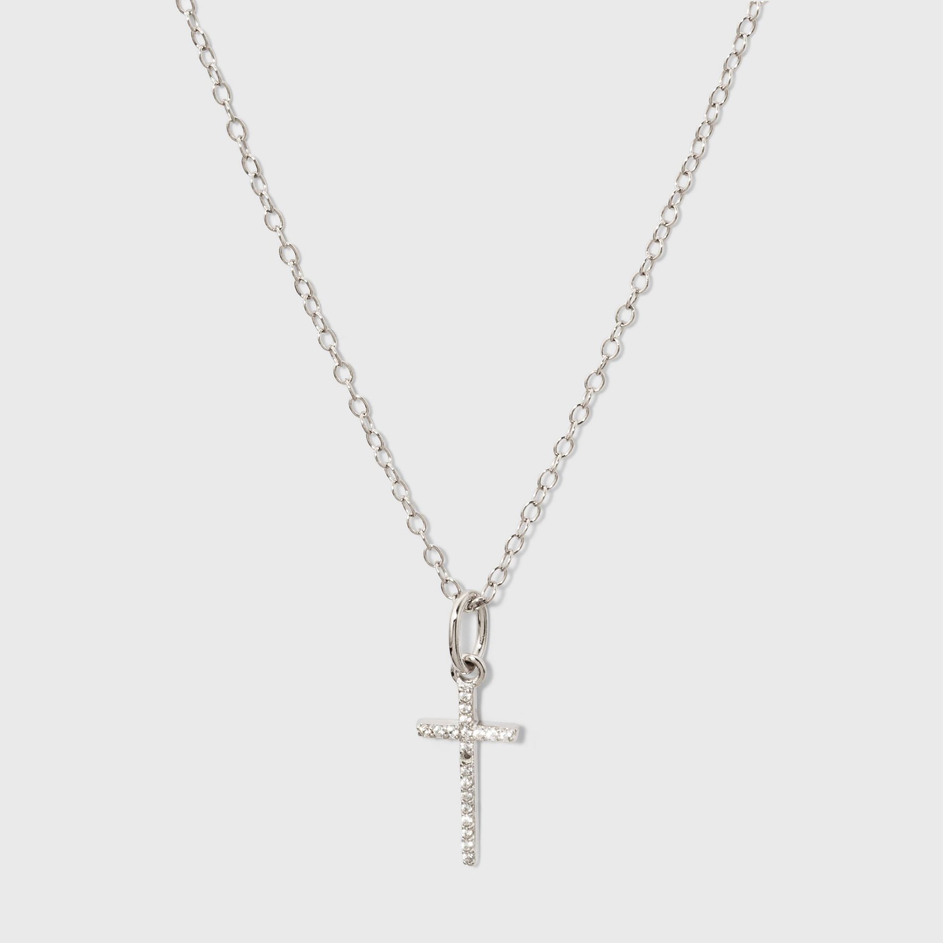 Sterling Silver Pave Cubic Zirconia Cross Pendant Necklace - A New Day™ Silver/Clear: Spring Ring Clasp, 18" Length