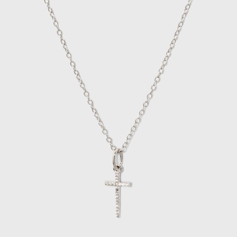 Sterling Silver Pave Cubic Zirconia Cross Pendant Necklace - A New Day&#8482; Silver/Clear, 1 of 5