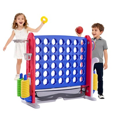 COSTWAY Giant Connect 4, 3-in-1 Indoor Outdoor Family Game With Basketball Hoop, Ring Toss, 42 Jumbo Rings, Quick-Release Slider, Four In A Row Game Set For Kids Adult (Blue