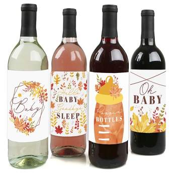 Big Dot of Happiness Fall Foliage Baby - Autumn Leaves Baby Shower Decorations for Women and Men - Wine Bottle Label Stickers - Set of 4