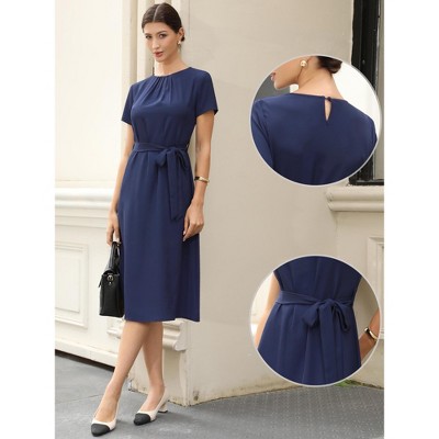 Женские платья INSPIRE CHIC Women's Summer Work Pleated Short Sleeve Crew Neck Belted A Line Midi Dresses Small Navy Blue — фото 2
