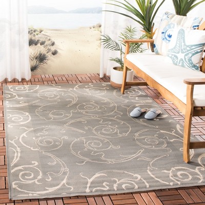 Grey and Natural Baroque Print Reversible Outdoor Area Rug