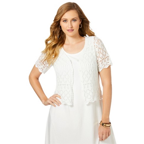 Jessica London Women s Plus Size V Neck Short Sleeve Open Front Button Up Crochet Shrug L White