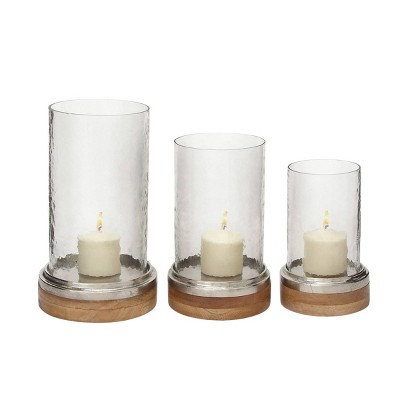 Set Of 3 Mango Wood And Aluminum Candle Holders - Olivia & May : Target