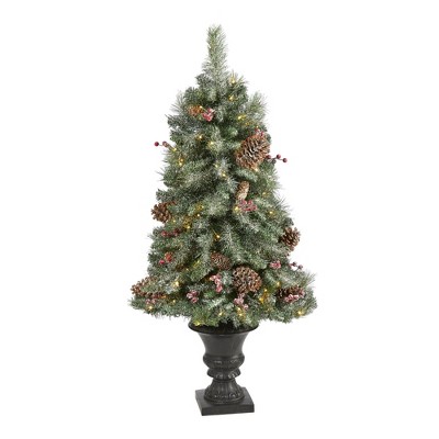 Nearly Natural 4’ Frosted Pine, Pinecone and Berries Prelit LED Artificial Christmas Tree in Decorative Urn