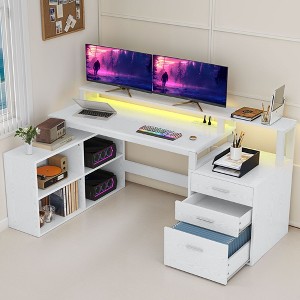 65inch L Shaped Desk Computer Desk with LED Lights &File Cabinet, Corner Desk with 3 Drawers & 4 Open Storage Shelves - 1 of 4