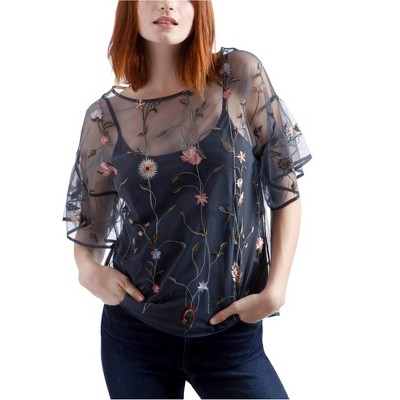 Lucky Brand Womens Embroidered Mesh Floral Ruffled Blouse