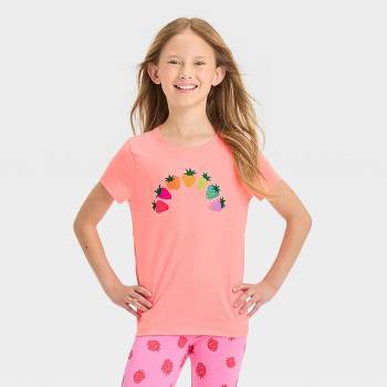 Girls' Short Sleeve 'Rainbow Strawberry' Graphic T-Shirt - Cat & Jack™ Bright Pink