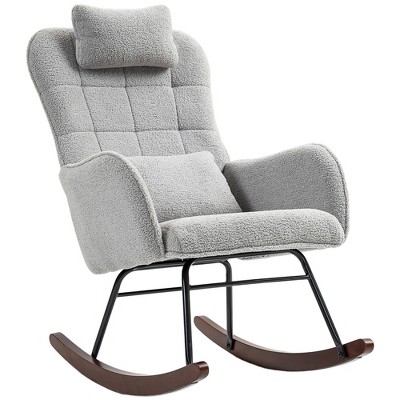 HOMCOM Upholstered Rocking Chair with Headrest and Lumbar Pillow, High-Back Boucle Rocker with Steel Frame for Living Room, Bedroom