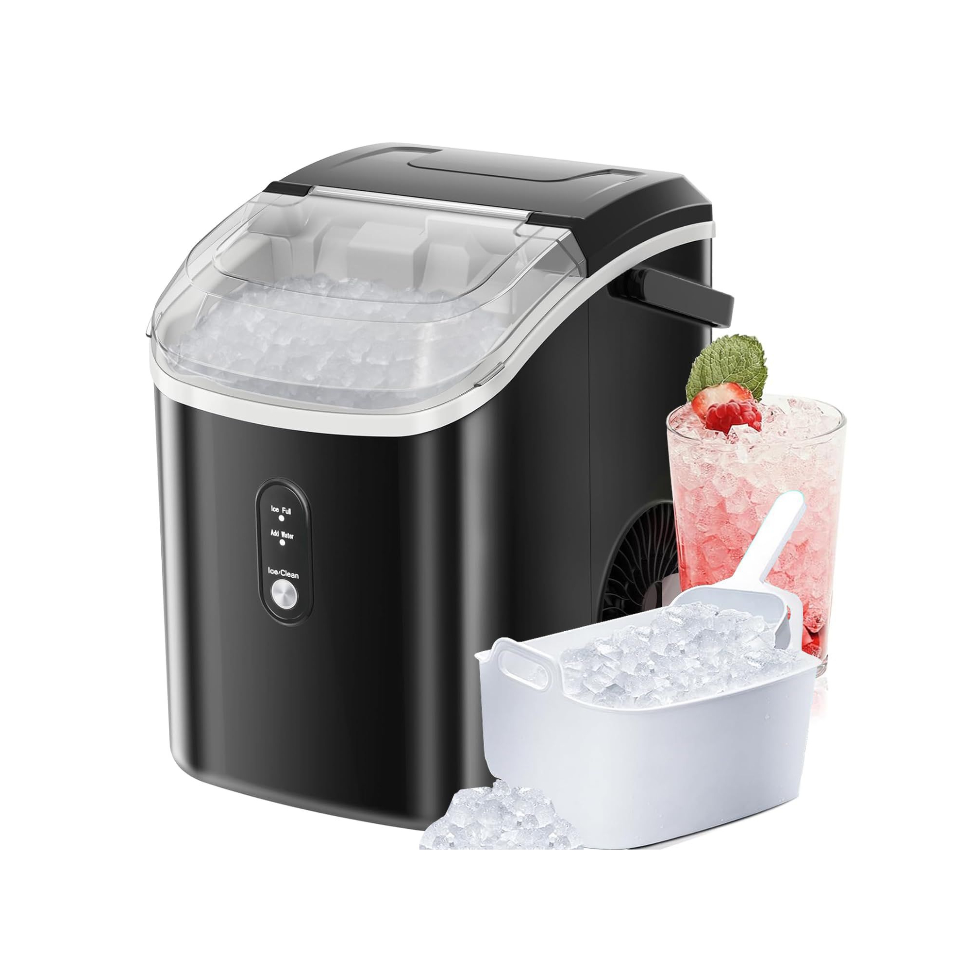 Nugget Ice Maker Countertop - 33lbs/Day Soft Chewable Pebble Ice, Self-Cleaning Portable Machine with Handle for Home, RV & Office, Black.