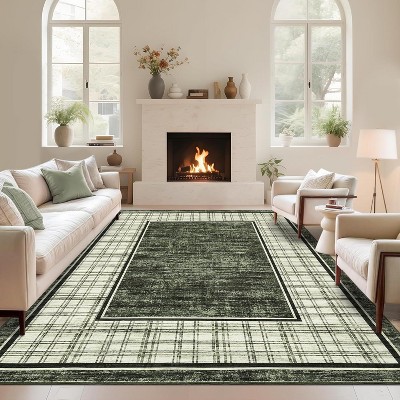 TackView Non-Slip Low Pile Plaid Area Rugs, Stain-Resistant Contemporary Soft Accent Carpet for Bedroom Dining Room Table Home Decor