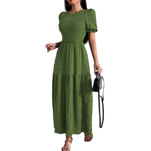 Women's Puff Short Sleeve Smocked Midi Dress Casual Summer Floral Print Elastic Waist Tiered A Line Maxi Dress - 1 of 4