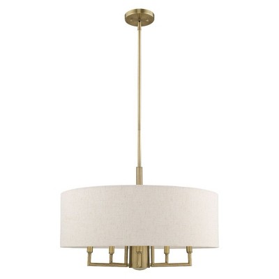 Antique Brass 6-Light Pendant Chandelier with Oatmeal Shade