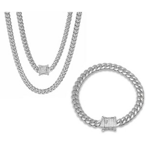 Steeltime 24" and 8.75" Men's stainless steel cuban link chain set with simulated diamonds clasp. Color Options: Silver, Gold, Black - 1 of 4