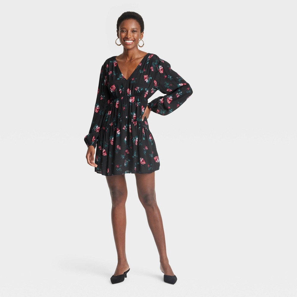 Women's Balloon Long Sleeve Dropped Waist Mini A-Line Dress - A New Day™ Black Floral L