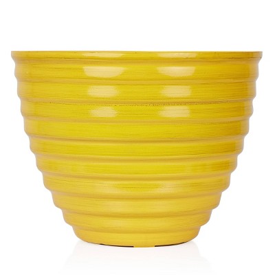 12" Yellow Ribbed Plastic Indoor Outdoor Planter