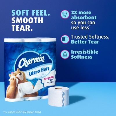 Dark blue background with pack of Charmin Ultra Soft, alongside message of "2X more absorbent so you can use less" and "irresistible softness"