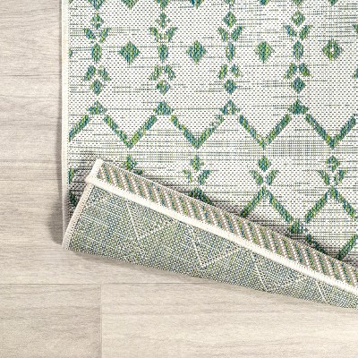 Green and Ivory Geometric Flat Woven Runner Rug
