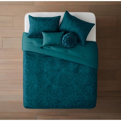 Full/Queen 5pc Larkspur Floral Medallion Velvet Comforter Set Turquoise - Opalhouse™