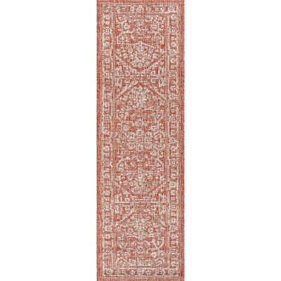 Red and Taupe Medallion Flatweave Indoor/Outdoor Runner Rug
