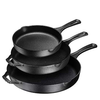 Bruntmor 8", 10", 12" Black Pre-Seasoned 3-Pc Cast Iron Frying Pan Set, Oven Safe Skillet & Grill Pan, Nonstick Cookware & Bakeware