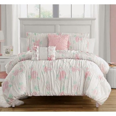 Evo Bytes Smocked Floral Ultra-soft Microfiber Comforter Set with Soft Pillows - Pink - 4 Piece - Twin