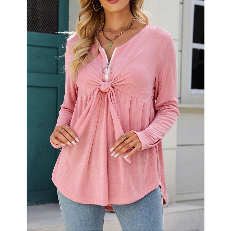 Women's V Neck Blouse Half Zip up Casual Tunic Shirts Babydoll Chest Tie Knot Shirts Ruched Flowy Hem Tunic Tops, 2 of 7