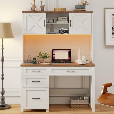 67" H Executive Desk with Hutch, 4 Drawers and LED Light, Computer Desk with Charging Station