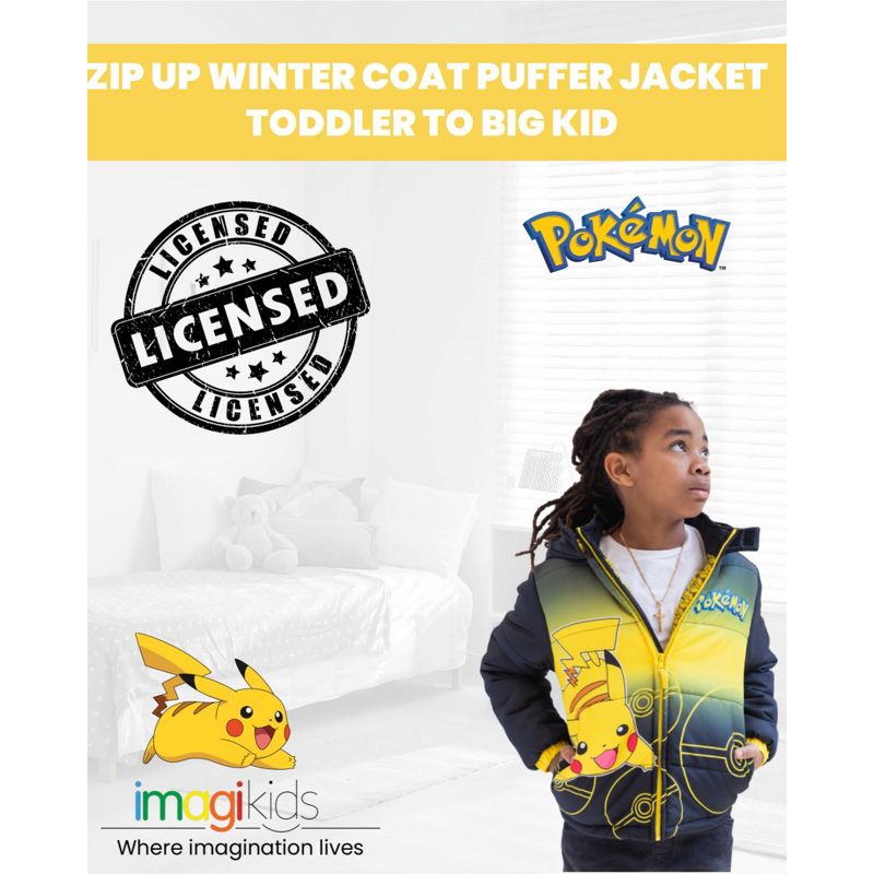 Pokemon Pikachu Zip Up Winter Coat Puffer Jacket Little Kid to Big Kid, 5 of 8
