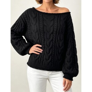 Women Cable Knit Sweater Casual Long Lantern Sleeve Loose Pullover