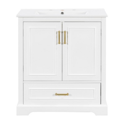 Vynxaria 30-Inch Bathroom Vanity - Ceramic Sink, 1 Divider Drawer, White