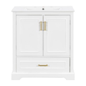 Vynxaria 30-Inch Bathroom Vanity - Ceramic Sink, 1 Divider Drawer, White - 1 of 4