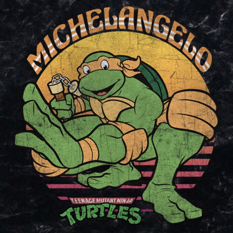 Juniors Womens Teenage Mutant Ninja Turtles Distressed Michelangelo Sunset T-Shirt, 2 of 5