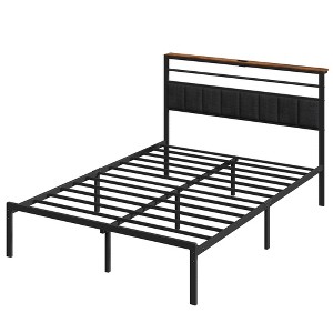 Heynemo Bed Frame with Charging Station, Platform Bed with Metal Slats, Upholstered Headboard with Storage Shelves, Black - 1 of 4