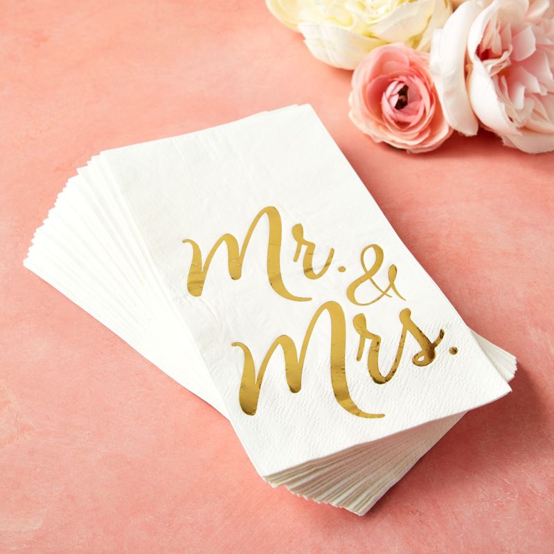 50 Pack Mr and Mrs Napkins, Disposable Wedding Dinner Napkins for Reception, Rehearsal Dinner Party, Gold Foil, 3-Ply, 4 x 8 In, 3 of 10