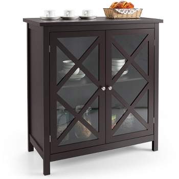 Costway Kitchen Buffet Sideboard Storage Cabinet w/Glass Doors & Adjustable Shelf White\Brown