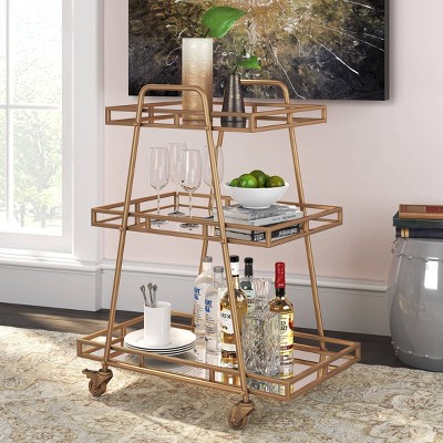 Elegant Antique Gold Rolling Bar Cart with Mirrored Shelves