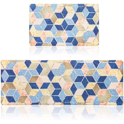 MAYHMYO Anti Fatigue Kitchen Mat - Set of 2 - Blue and Gold Design Comfort  Mats - Cushioned, Non Slip Floor Mat