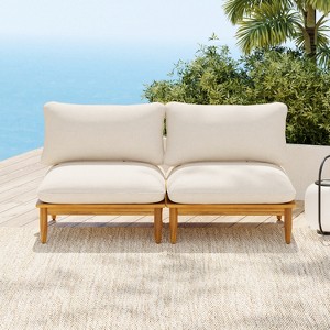 Scott Living Sacova Outdoor Acacia Wood Armless Chair, Teak Finish Frame with Beige Cushion, Set of 2 - 1 of 4