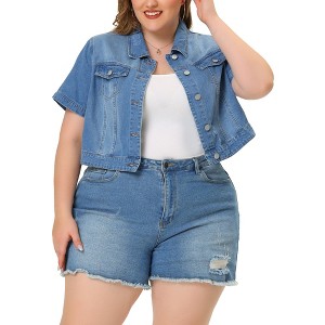 Agnes Orinda Women's Plus Size Short Sleeve Button-Down Cropped Denim Jean Jackets - 1 of 4