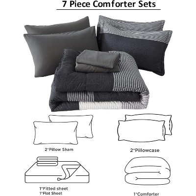 Der Rose BALHAM TRADE-Queen Size Striped Comforter Set 7 Piece Bed in a Bag Boho Black Grey Striped Navy Blue Queen 90"x90" — фото 2