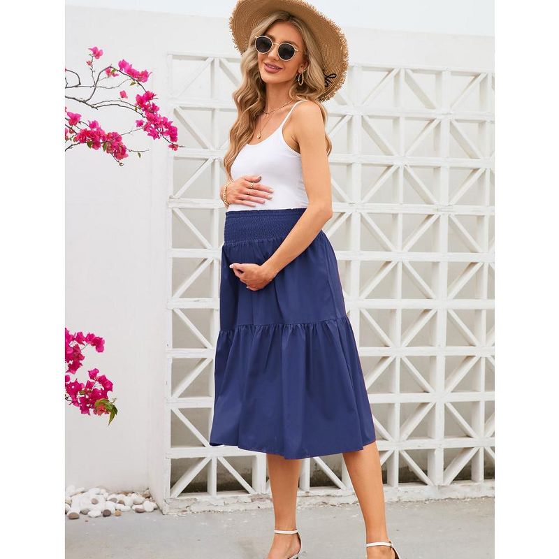 Women's High Elastic Empire Waist Maternity Skirt Summer Casual Floral Pleated Swing A Line Flowy Midi Skirts with Pockets, 5 of 9