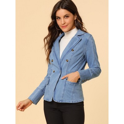 Allegra K Women's Regular Fit Casual Notched Lapel Long Sleeve Denim Pockets Blazer Medium Baby Blue — фото 2