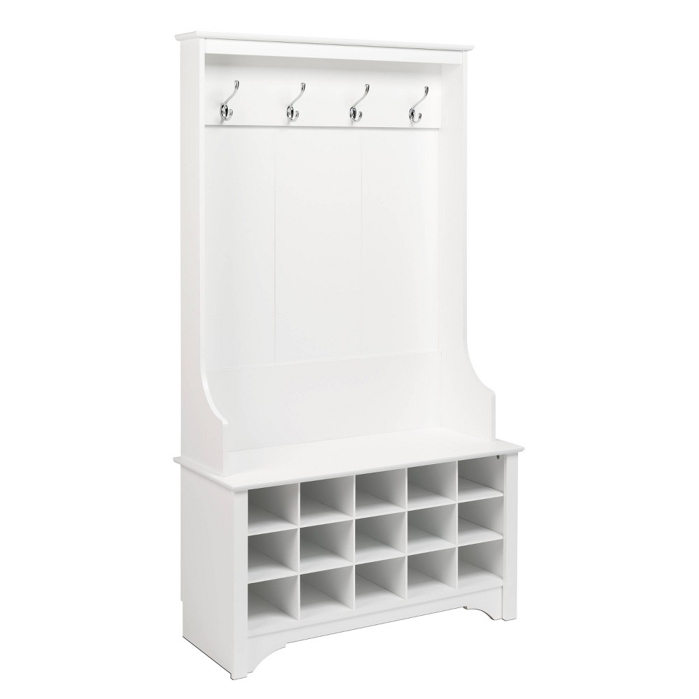 Prepac Hall Tree with Shoe Storage White: Entryway Organizer, Mudroom Bench, 4 Metal Hooks, Wood Composite