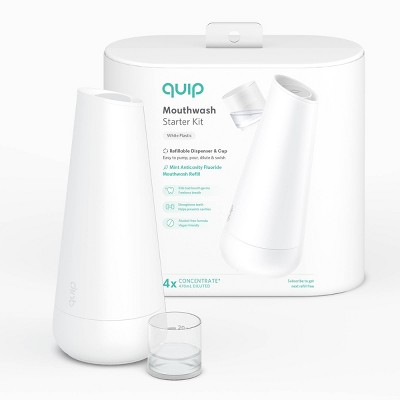 quip Plastic Refillable Mouthwash Starter Kit - Reusable Dispenser + Cup - 45-Use / 4x Concentrate / Mint Anticavity Fluoride Refill Included - White