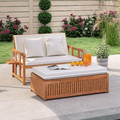 Costway Outdoor Wooden Daybed with 4-Level Backrest & Removable Cushions for Poolside