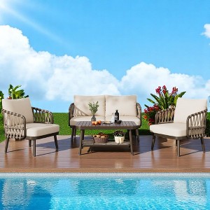 4-Piece Outdoor Conversation Set with Woven Rope U-Shaped Backrest, Acacia Wood Coffee Table, Water-Repellent Cushions - 1 of 4