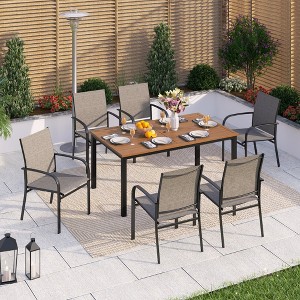 Captiva Designs 7pc Patio Dining Set Wood-look Rectangle Table with Umbrella Hole & Sling Fixed Chairs - 1 of 4
