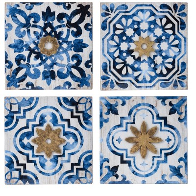 Set of 4 Wall Decor White/Indigo - A&B Home: Modern Geometric Shapes, Vertical Framed Art Panels