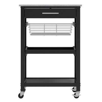 Transitional Julia Granite Top Black Kitchen Cart with Storage